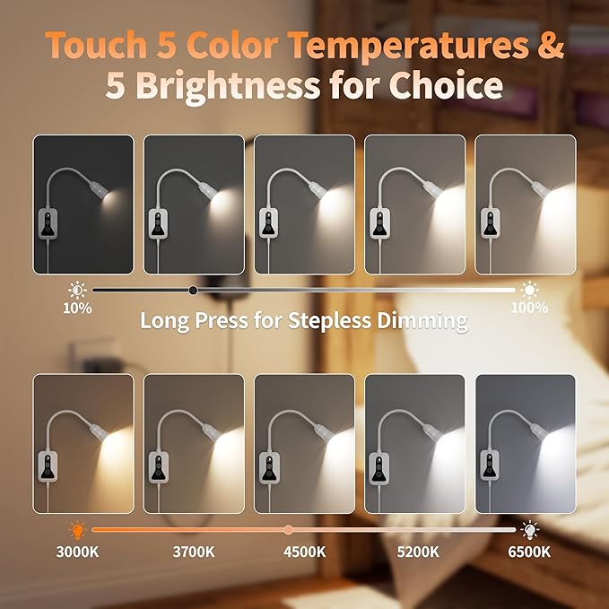 Wall Mounted Reading Light with Wave Sensor/Touch Switch, 5 Color & 5 Level Dimmable Touch Bed Lights for Reading with USB C Output, Eye-Care Reading Light for Bed,Heaboard, Dorm, Bedroom(White)