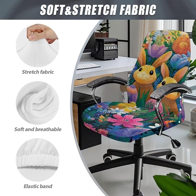 Talayituse Bunny Rabbit Tulip Daisy Print Office Chair Covers, Stretch Computer Chair Cover, Universal Boss Chairs Covers Modern Simplism Style High Back Chairs Slipcover Easter Decor, Small
