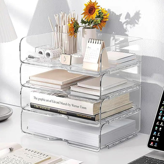 Clear Stackable Paper Trays 4 Pack, PET Letter Tray Desk Organizer, Desktop Organizers and Storage for Books, Magazines, Folders, A4 Size File Paper, Office Supplies