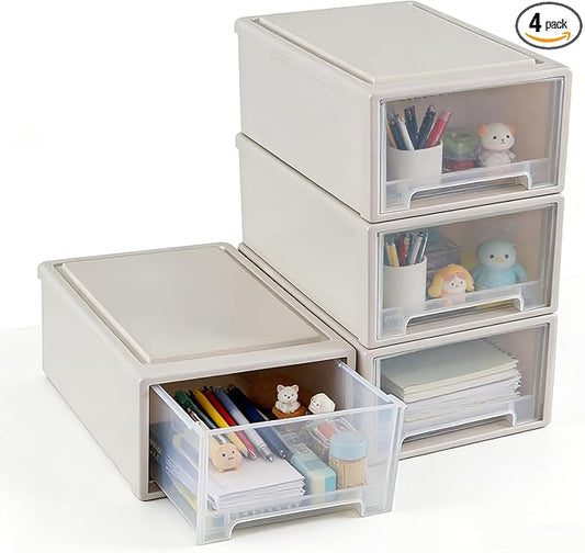 12 Quart Desktop Storage Organization Unit, 4 Pack Plastic Stacking Drawer Units