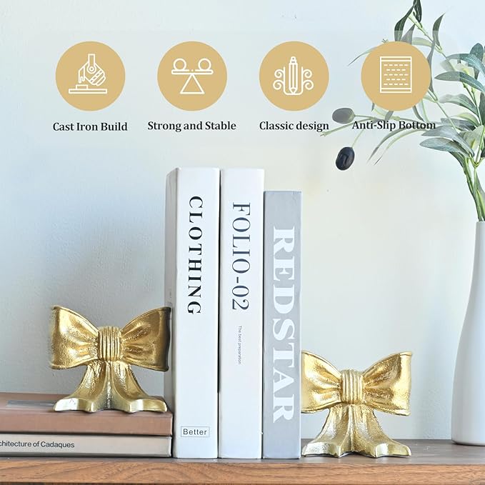 Metal Bookends Set of 2, Heavy Duty Book Ends for Heavy Books, Gold Decorative Bookends for Shelves Desk Office Home Decor