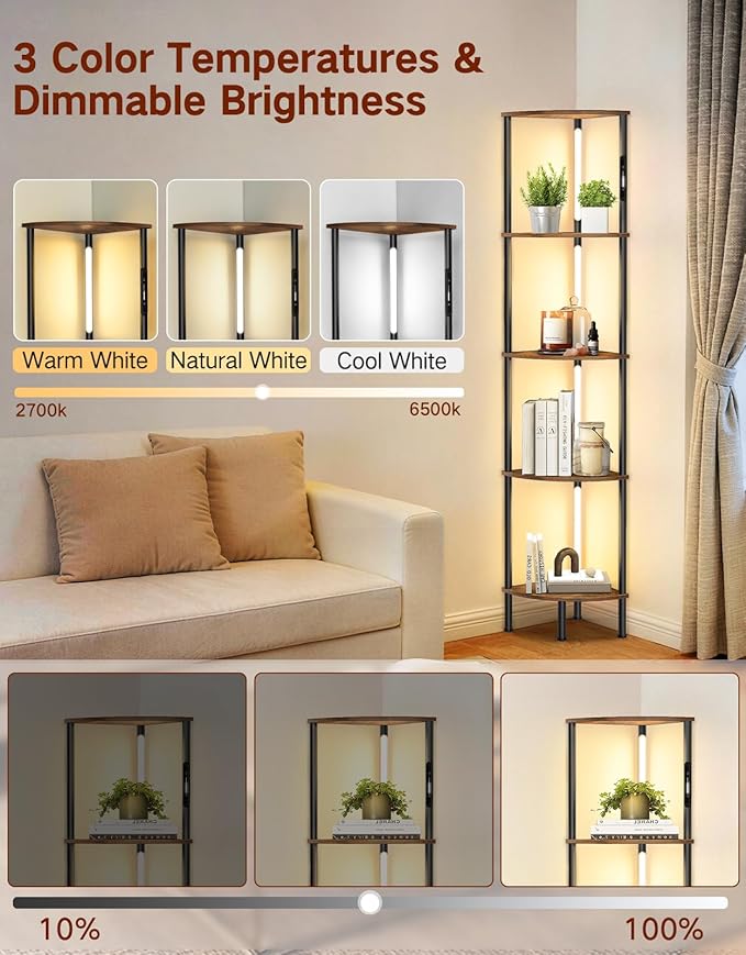 5-Tier Corner Bookshelf with LED Lights, Touch & Remote Control, 3 Color Temperatures, Dimmable Narrow Display Shelf for Living Room, Bedroom, Office(Rustic Brown)