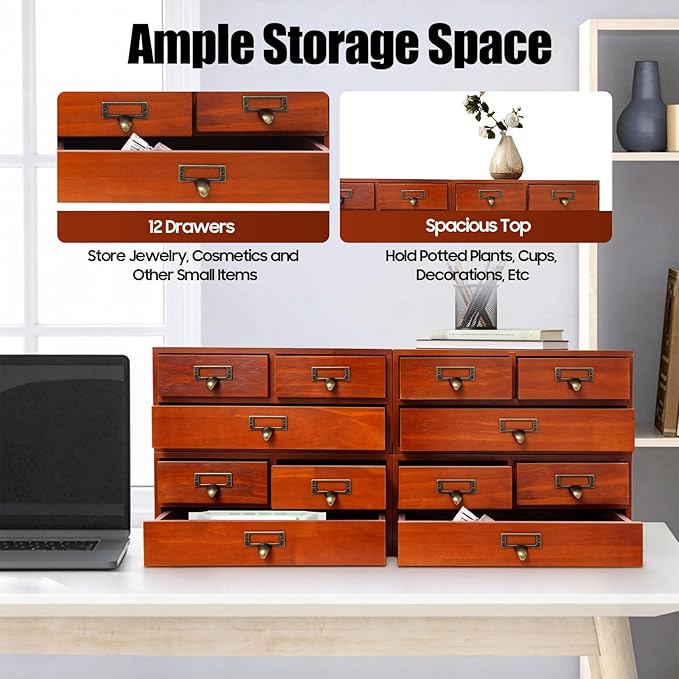 4 Packs Vintage Desktop Apothecary Cabinet with 3 Drawers, Vintage Desktop Organizer Wood Desktops Organizers Stackable Drawers Chest Drawer for Herb Storage Tea Collection Stationery (Brown)