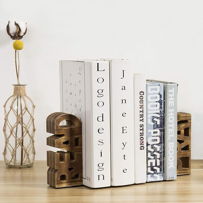 MyGift Book Ends Christian for Shelves, Wood Bookends Carved in Read and Pray Block Letters, Decorative Book Stands for Home Library Bookshelf Office Desk, Rustic Burnt Brown, 2 Pcs Set