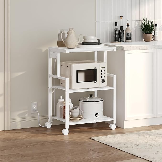 MAHANCRIS Mobile Printer Stand, 3-Tier Industrial Printer Cart with 2 AC Outlets and 2 USB Ports, Rolling Printer Table on Wheels for Home Offices Kitchen Organization Rack, White PTWT78E01