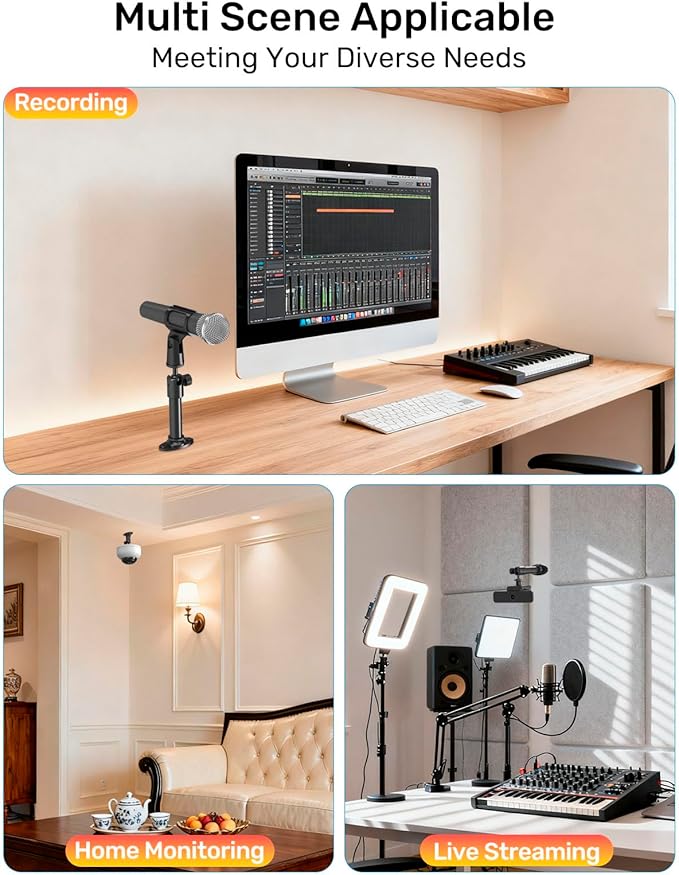Microphone Wall Mount Bracket with Swivel Mini Ball Head, Mic Wall Mount Flange Base, 5/8" to 3/8" & 1/4" Mic Stand Adapter, Extension Tube Kit - Compatible with Camera, Microphones, Lights, Webcam