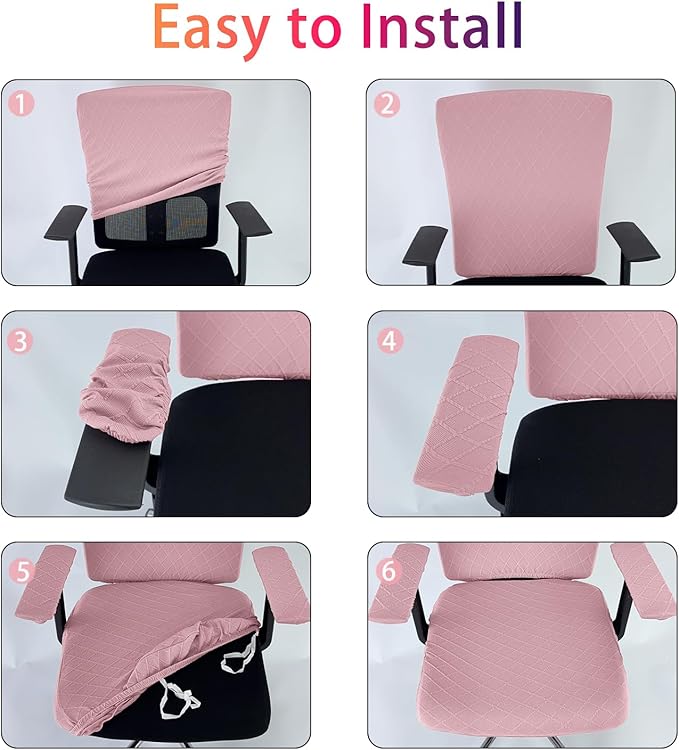 4 Pcs Office Chair Cover Set with 4 Extra Elastic Straps Universal Protective Office Chair Covers Stretchable Desk Chair Cover Office Armrest Cushion Backrest for Rotating Chair (Pink)