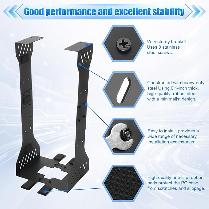 Heavy Duty Adjustable Under Desk PC Holder 7.5 to 12 Inch Wide, Supports up to 80 Lbs Load Capacity, Under Desk PC Mount, Wall Mount Space Saving Computer Case Tower Holder (Black)