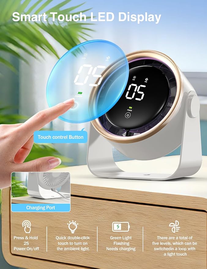 Small Desk Fan, Ultra-Quiet Desktop Air Circulator, Touch Screen Control, Multi-Speed Desktop Fan with LED Light, Quiet Table Fan for Bedroom, USB Rechargeable Small Fan for Desk (White)
