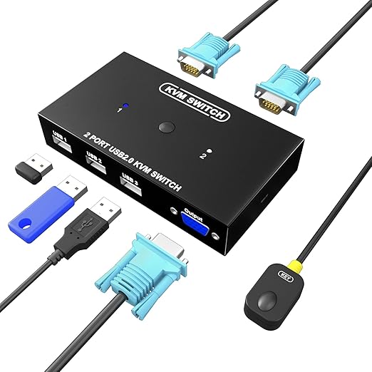 KVM Switch VGA 2 Port - KVM Switcher for 2 Computers Share 1 Monitor & 3 USB 2.0 Devices,Keyboard Mouse Printer,Driver-Free for All OS,2 KVM Cables 1 Desktop Controller Included