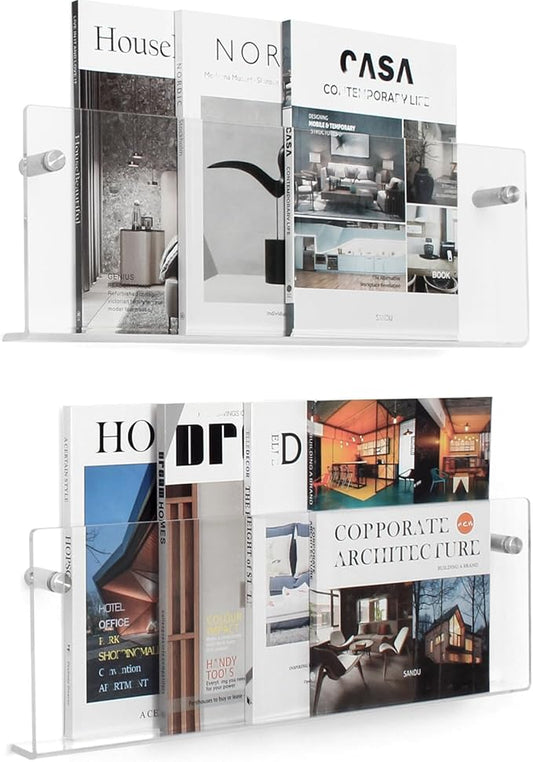 2 Pack Clear Acrylic Magazine Holder, Wall Mount Hanging Bookshelf Literature Storage Rack, Brochure File Display Shelf for Waiting Room, Living Room, Office, Home