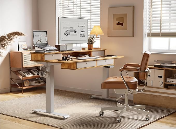 BANTI Height Adjustable Electric Standing Desk with 4 Drawers, 48 x 24 Inch Table with Storage Shelf, Sit Stand Desk, Light Rustic Brown Top
