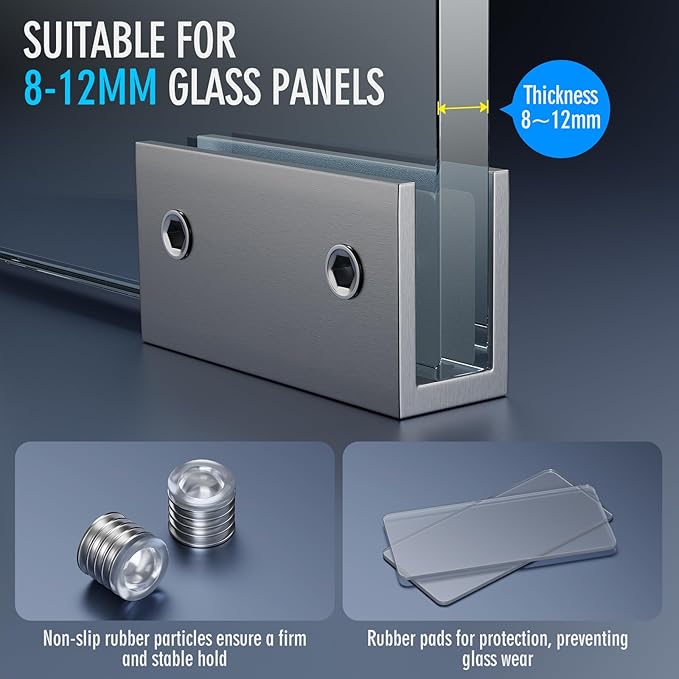 Ranbo 2 Pcs Frameless Glass Clamp Brackets for Shelf and Shower, Heavy Duty Wall Mount Rectangular Holders for 1/4" to 1/2" Panels, Satin Brushed Finish Hardware