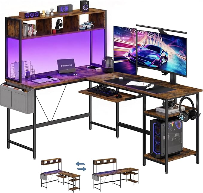 DUMOS L Shaped Gaming Desk 67", Reversible Computer Desk with LED Lights, Corner Desk for Small Spaces with Keyboard Tray & Storage Shelf, Metal Frame PC Gaming Table for Home Office Bedroom, Rustic