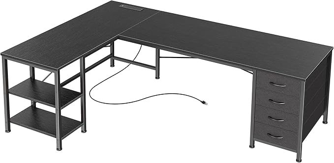 Huuger 55 Inch L Shaped Desk with Fabric Drawers, Reversible Computer Gaming Desk with Power Outlets and USB-C Port, Adjustable Side Storage Shelves, for Work Study Corner Home Office, Black