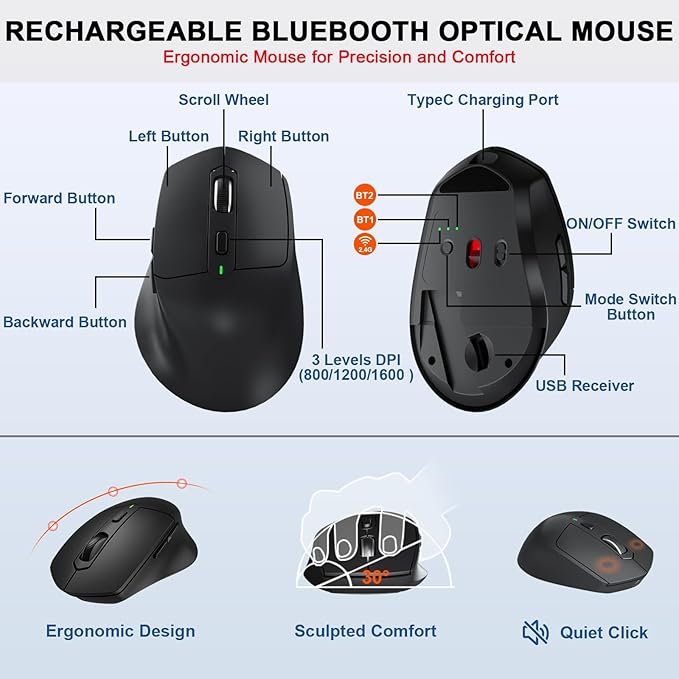 Ergonomic Wireless Keyboard Mouse Combo, MK835 Wave Keys Bluetooth/2.4G Split Design Ergo Keyboard with Cushioned Palm Rest, Multi-Device, Rechargeable, for Multi-OS, Windows/Mac/Android