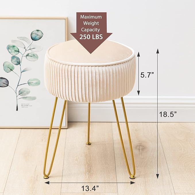 LUE BONA Pleated Vanity Stool, Velvet Upholstered Round Modern Stool for Makeup Room, Ottoman Footrest with Metal Legs for Living Room, Bedroom, Champagne