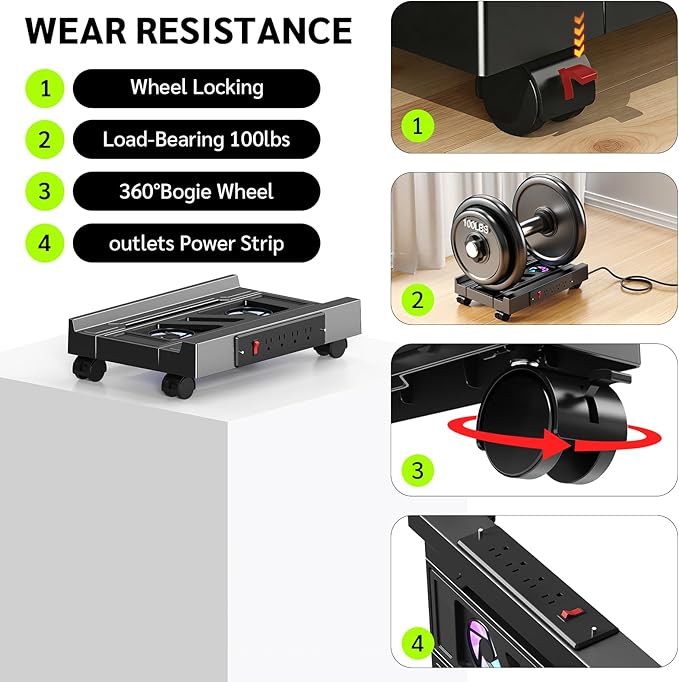 Adjustable CPU Holder with Charging Station and Cooling Fan with RGB Light,Mobile CPU Holder with 4 Rolling Casters, Under Desk CPU Bracket PC Floor Cart PC Riser for Office, Home (Socket with Fan)