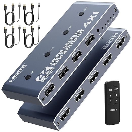 HDMI KVM Switch 4 Computer, 4 Port HDMI USB Switch for 4 Computer Share a 4K@60Hz Monitor and 4 USB Devices, Keyboard, Mouse, Printer, Includes 4 KVM Cables & Remote Controller (no Batteries)