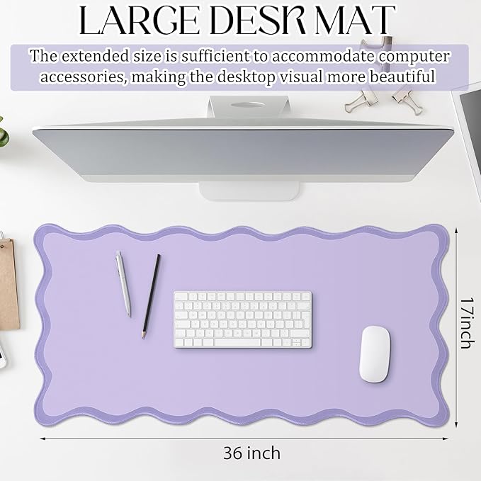 Hahafelt Scalloped Desk Mat Large Scalloped Piping Cute Desk Mat Aesthetic Preppy Table Pad Large Nonslip Pad with Edge Stitching Waterproof Gaming (Purple,36 x 17 Inches)