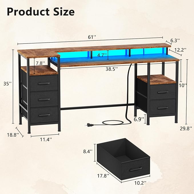 Korfile 61 Inch Gaming Desk with Power Outlets and LED Lights, Reversible Computer Desk with 5 Fabric Storage Drawers, Home Office Desk with Monitor Stand for Working Writing Study, Rustic Brown