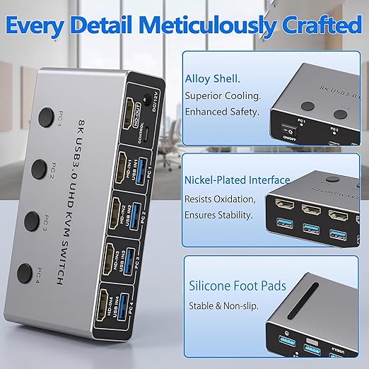 【4PC Switch】HDMI 2.1 KVM Switch 4 Computers Share 1 Monitor, 8K@60Hz HD Switch with 3 USB 3.0 & 1 Type-C Hub, Wired Remote, Control Keyboard Mouse Printer, Aluminum Shell, Compatible with Mac Windows