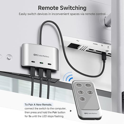 Cable Matters 20Gbps USB C Switch, 3-in-1-Out, Supports Up to 8K@30Hz on Windows, 4K@60Hz on macOS, 140W PD, for Sharing a USB-C/Thunderbolt 4 Monitor or Dock (Not Work with Captive Cable Docks)