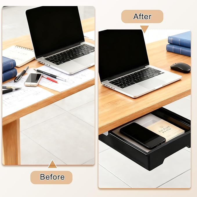 2 Pack Under Desk Drawer Organizer, Self Adhesive Hidden Drawer Storage, Slide Out Desk Organizer, Space Saving Pencil & Accessories Organizer, Under Table Storage for Home Office & School, Black