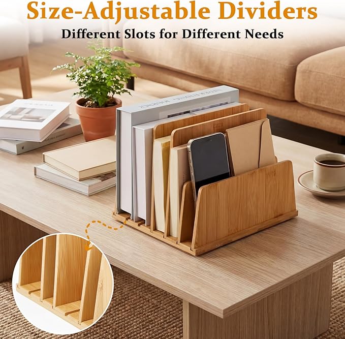 Unittype Bamboo Multi Device Organizer, 7 Slots Vertical Laptop Storage Rack, Computer Charging Station for Smartphones, Tablets and Laptops, Space Saving Organizer for Home Office