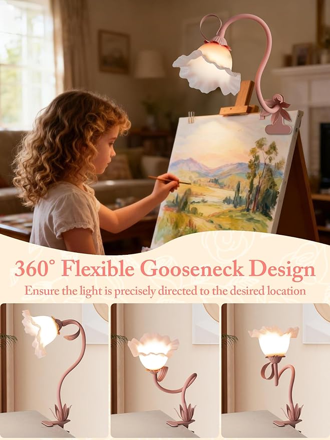 Clip on Light,Flower Desk Lamp,360°Rotation Gooseneck LED Reading Lights,Floarl Bedside Lamps,3 Colors Modes Book Lights Eye-Caring for Bedroom Bed Headboard Office Home Lighting Table Lamp(Pink)
