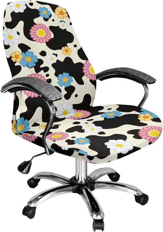 Talayituse Cow Daisy Print Computer Office Chair Covers, Soft Fit Universal Desk Rotating Chair Slipcovers, Removable Washable Anti-Dust Spandex Chair Protector Cover, L