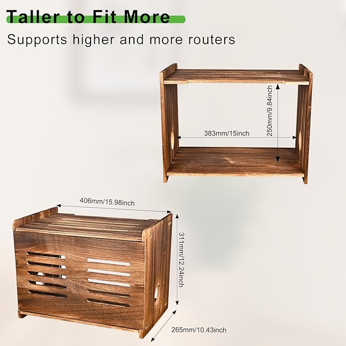 Large Wooden Router Box Hider, Wifi Router Cable Storage Box, Decorative Modem Shelf Hider Cover for Home Power Strip Cable Organization Perforated Cooling Brown