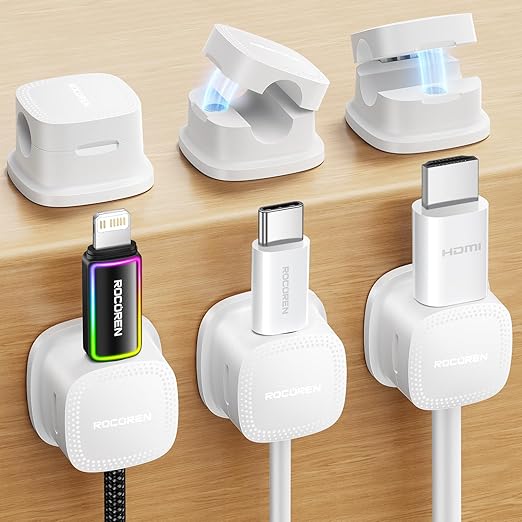 6-Pack Magnetic Cable Clips, Rocoren Smooth Adjustable Adhesive Cord Organizer, Desk Cable Management Wire Holder Keeper Cables Staples for Nightstand Home Office Desk Car Phone Wall Desktop