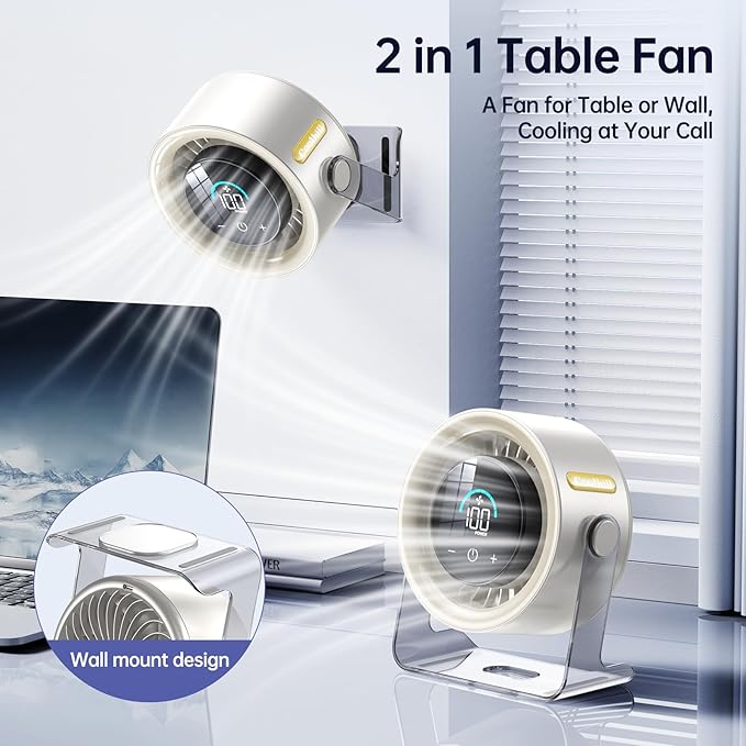 USB Desk Fan for Bedroom: 100 Speeds Digital Display Quiet Table Fan with Turbo Airflow, 120° Rotating Small Rechargeable Battery Desktop Fans for Bedroom Home Office (White)