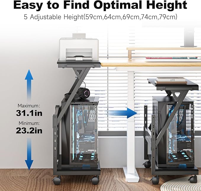 suptek Computer Tower Stand, 5 Levels Height Adjustable PC Tower Stand/Cart with Locking Wheels, 23.22"-31.10", Mobile Rolling CPU Holder, 29In Large PC Stand for Home Office, Black