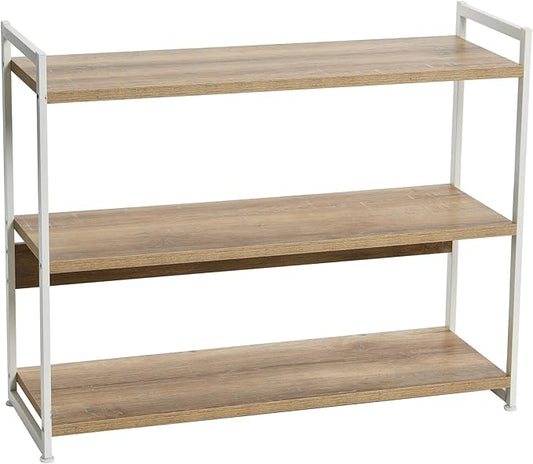Household Essentials Jamestown Wide 3 Shelf Open Storage Bookshelf Coastal Oak Rustic Wood Grain and White Metal