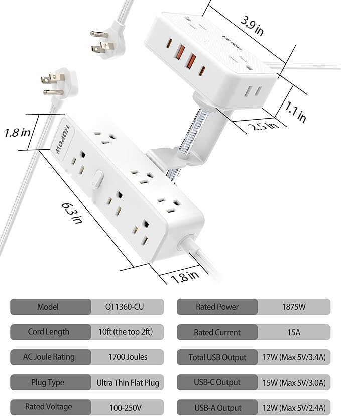 HOPOW Dual Layer Desk Clamp Power Strip（White）, Desktop Edge Mount Charging Station with 13 Outlets 4 USB Ports (2 USB C), Under Desk Surge Protector(1700 Joules), 10 Ft Extension Cord for Office