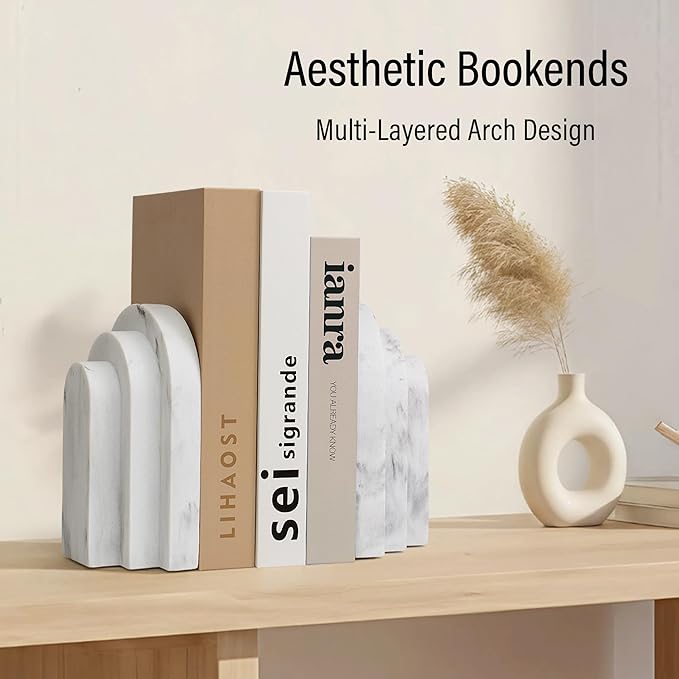 Heavy Duty Bookends for Shelves, 6.6 LBS Heavy Book Ends for Heavy Books, Decorative Modern Bookends with Faux Marble Look, Layered Arch Book Stopper for Bookshelf Holder Set of 2, Marble White
