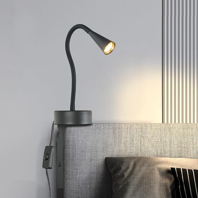 Black Headboard Reading Light 2 Pack, No Drilling Wall Mounted Reading Lights for Bedside, Buttonless Dimmable Reading Lamp for Bedtime Reading, Movable 720 Adjustable Reading Sconces for Bedroom