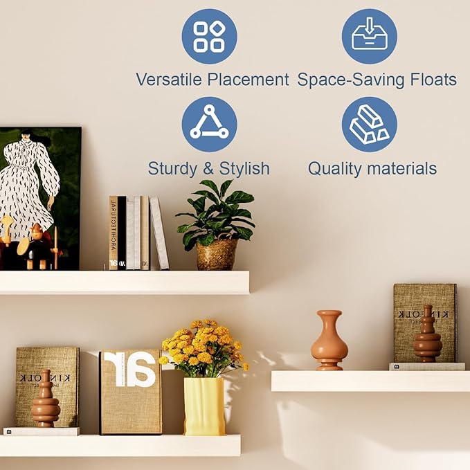 Floating Shelves, White Wooden Set of 3 Wall Mounted Bathroom Shelves Over Toilet, Modern Small Hanging Shelves for Bedroom Living Room Kitchen Home Decor Storage, 12" x 7" x 1.5"