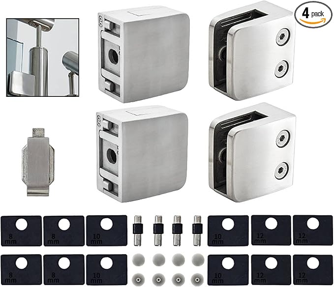 Glass Clamp - 4PCS,for 1/3" to 1/2" Tempered Glass,Stainless Steel 304 Flat Back Square Casting Polished for Indoor/Outdoor Balustrade, Stair Handrail (LIUCHONGYANG99)