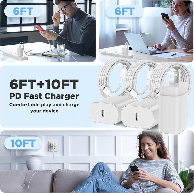 Hzevn 25W USB C Super Fast Charging Charger for Samsung Galaxy Phone, 3Pack Quick Charger Block with Braided Long USB C to C Cables (6/6/10ft) for Samsung Galaxy S25/S24/Plus/Ultra, Android/iPhone 17