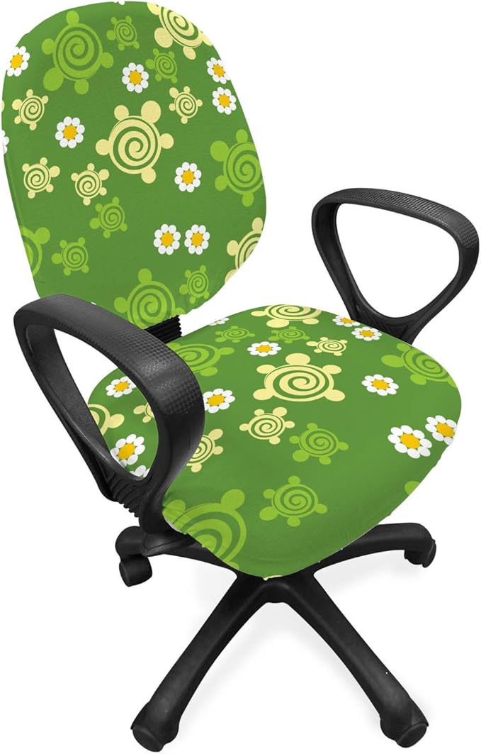 Ambesonne Turtle Office Chair Slipcover, Spring Revival Inspiration Chamomile Illustration and Vortex Flower Design, Protective Stretch Decorative Fabric Cover, Standard Size, Yellow Green