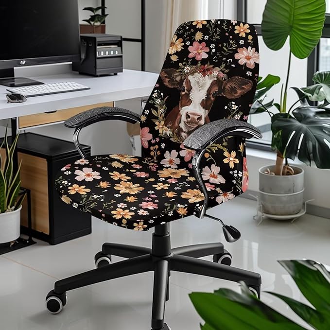 Talayituse Cow Flower Print Office Chair Cover Stretchable Desk Chair Cover Universal Rotating Computer Chair Cover Washable Office Chair Seat Cover Armchair Cover Slipcover for Desk Computer Chair, L
