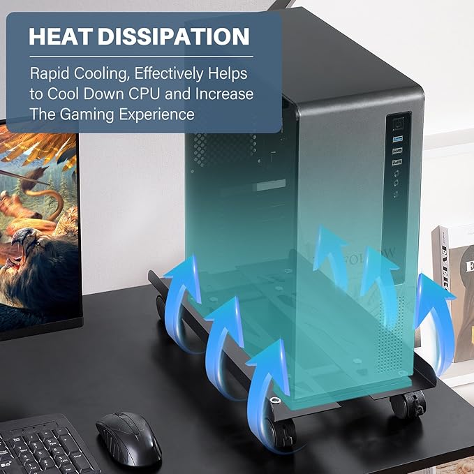 Mobile PC Stand, Adjustable Metal Computer Tower Stand, PC Floor Stand with 4 Locking Caster Wheels, PC Tower Stand, CPU Holder, PC Cart PC Riser Fits Most PC for Gaming Office Desk