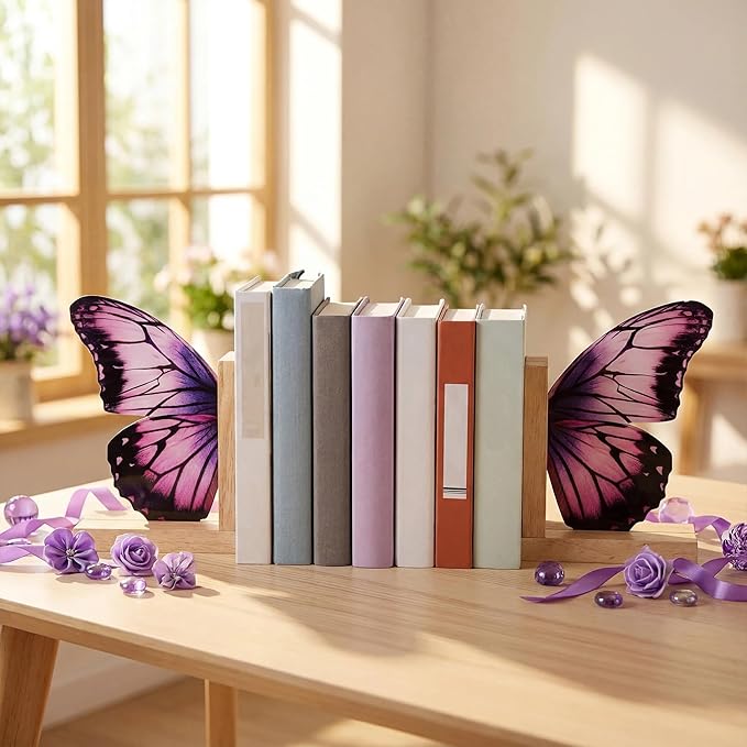Decorative Butterfly Bookends Wooden Acrylic Butterflys Bookend Modern Bookshelf Decor Accent Book Stopper Decor for Home Farmhouse Shelves Office Lover Gift(Purple Butterfly)