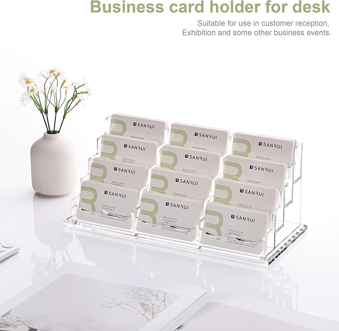 SANRUI Business Card Holder for Desk Clear Acrylic Business Card Holders, Business Card Display Stand 4 Tier 12 Slots