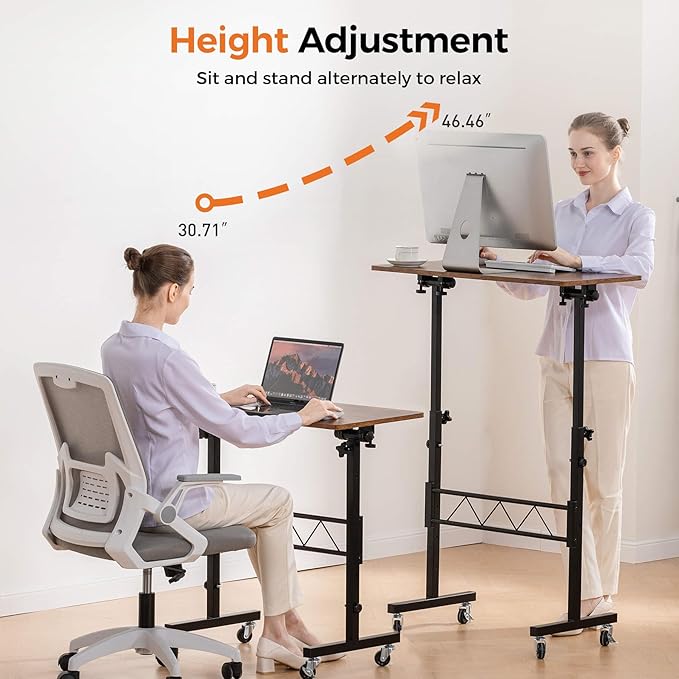 COMHOMA Standing Desk Adjustable Height & Tiltable Tabletop, Portable Stand Up Desk for Laptop, Mobile Folding Desk for Home Office Work and Walking Pad Treadmill, Height 30.7"-46.4", Brown