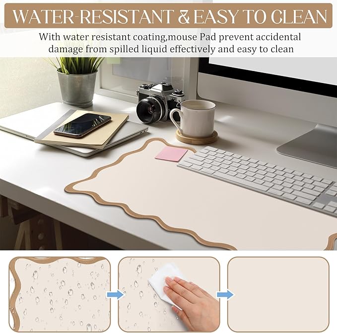 Hahafelt Scalloped Desk Mat Large Scalloped Piping Cute Desk Mat Aesthetic Preppy Table Pad Large Nonslip Pad with Edge Stitching Waterproof Gaming(Beige,23.6 x 13.8 Inches)