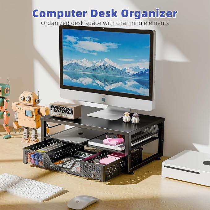 Simple Trending 2-Tier Computer Monitor Stand Riser with Drawer, Desk Organizer for Home Office, Black